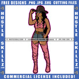 Melanin Woman Modeling Wearing Sexy Dress Hat Hats Belt Sunglass Hustle Earing Slim Figure Long Wave Hairstyle Logo Hustle Skillz SVG PNG JPG Vector Cut Files Silhouette Cricut