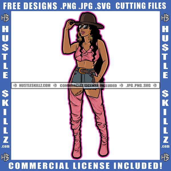 Melanin Woman Modeling Wearing Sexy Dress Hat Hats Belt Sunglass Hustle Earing Slim Figure Long Wave Hairstyle Logo Hustle Skillz SVG PNG JPG Vector Cut Files Silhouette Cricut