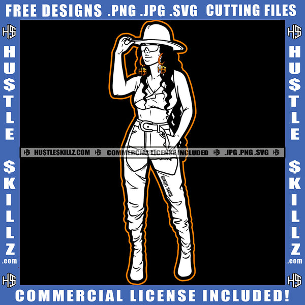 Nubian Woman Black And White Design Modeling Wearing Sexy Dress Hat Hats Belt Sunglass Hustle Earing Curvy Figure Long Wave Hairstyle Logo Hustle Skillz SVG PNG JPG Vector Cut Files Silhouette Cricut