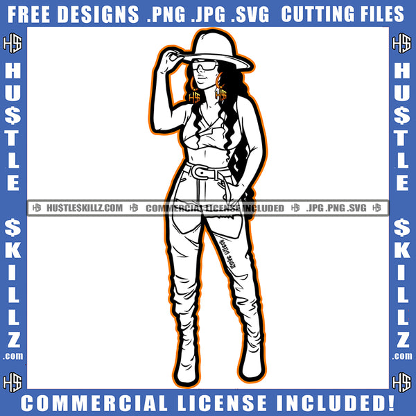 Nubian Woman Black And White Design Modeling Wearing Sexy Dress Hat Hats Belt Sunglass Hustle Earing Curvy Figure Long Wave Hairstyle Logo Hustle Skillz SVG PNG JPG Vector Cut Files Silhouette Cricut