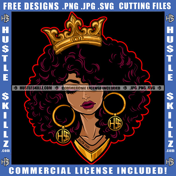 African American Lady Queen Woman Crown Hustle Earing Curly Hairstyle Logo Hustle Skillz SVG PNG JPG Vector Cut Files Silhouette Cricut