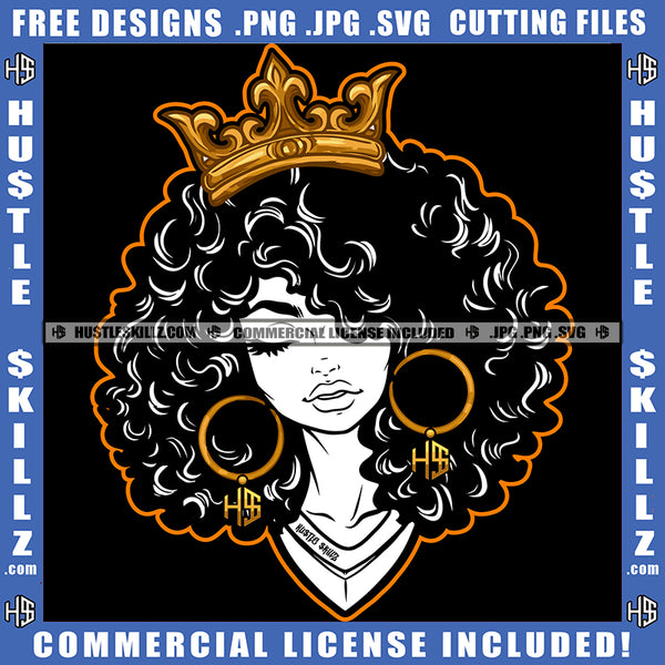 Queen Woman Crown Black And White Design Hustle Earing Curly Hairstyle Logo Hustle Skillz SVG PNG JPG Vector Cut Files Silhouette Cricut