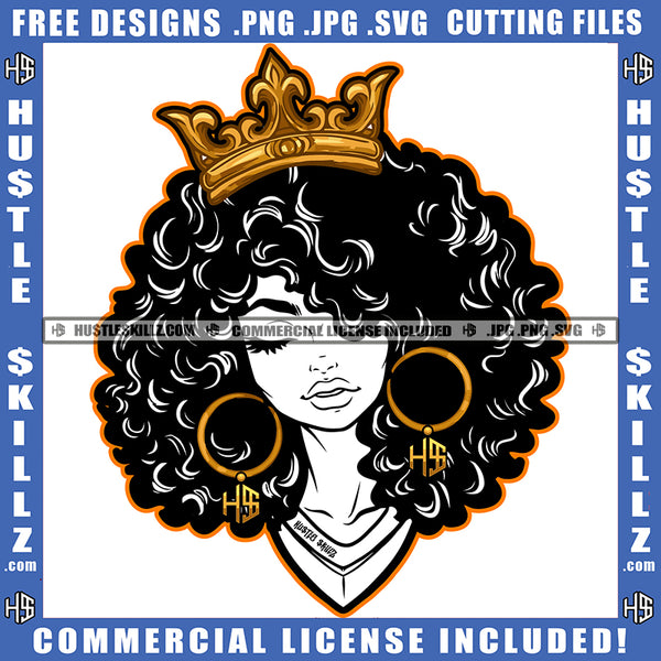 Queen Woman Crown Black And White Design Hustle Earing Curly Hairstyle Logo Hustle Skillz SVG PNG JPG Vector Cut Files Silhouette Cricut