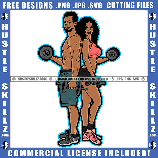 Couple Gym African American Woman Gym Fitness Workout Power Man Beard Holding Dumbbell Art Logo Hustle Skillz SVG PNG JPG Vector Cut Files Silhouette Cricut