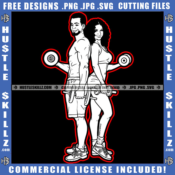 Couple Gym Black And White Design Fitness Workout Power Man Beard Holding Dumbbell Fit Figure Art Logo Hustle Skillz SVG PNG JPG Vector Cut Files Silhouette Cricut