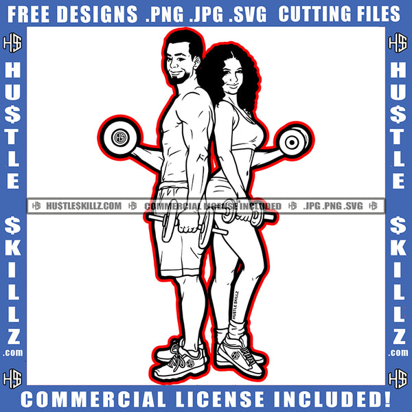 Couple Gym Black And White Design Fitness Workout Power Man Beard Holding Dumbbell Fit Figure Art Logo Hustle Skillz SVG PNG JPG Vector Cut Files Silhouette Cricut