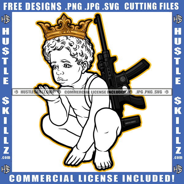 Young Crown Child Black And White Design Power Holding Long Black Gun Weapon Logo Hustle Skillz SVG PNG JPG Vector Cut Files Silhouette Cricut