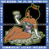 Queen Melanin Crown Woman Curvy And Sexy Figure Money Power Holding Dollars Cash Bills Hustle Earing Curly Bob Hairstyle Hustler Hustling Grind Logo Hustle Skillz SVG PNG JPG Vector Cut Files Silhouette Cricut