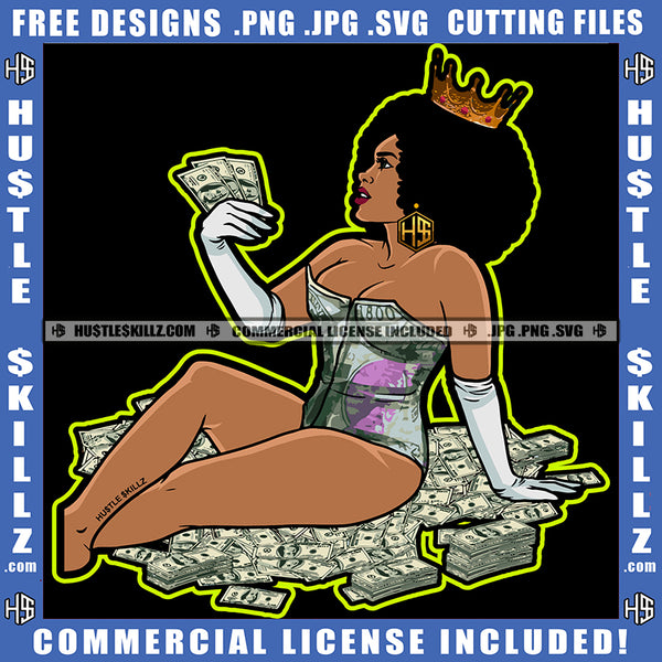 Queen Melanin Crown Woman Curvy And Sexy Figure Money Power Holding Dollars Cash Bills Hustle Earing Curly Bob Hairstyle Hustler Hustling Grind Logo Hustle Skillz SVG PNG JPG Vector Cut Files Silhouette Cricut