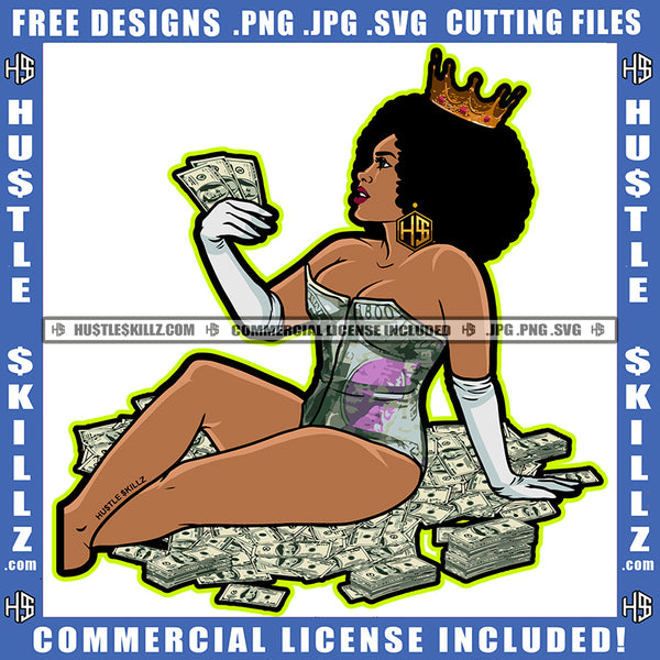 Queen Melanin Crown Woman Curvy And Sexy Figure Money Power Holding Dollars Cash Bills Hustle Earing Curly Bob Hairstyle Hustler Hustling Grind Logo Hustle Skillz SVG PNG JPG Vector Cut Files Silhouette Cricut