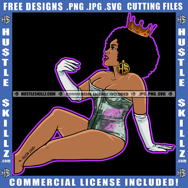 Queen Nubian Crown Woman Slim Figure Hustle Earing Curly Bob Hairstyle Hustler Hustling Grind Logo Hustle Skillz SVG PNG JPG Vector Cut Files Silhouette Cricut