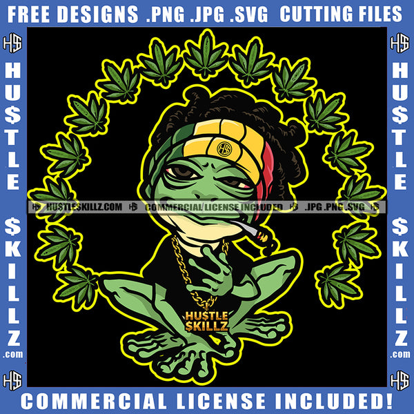 Green leaf Frog Smoking Cigarette Blunt Stick Grass Gold Chain Grind Hustler Cannabis Marijuana Weed leaf Logo Hustle Skillz SVG PNG JPG Vector Cut Files Silhouette Cricut