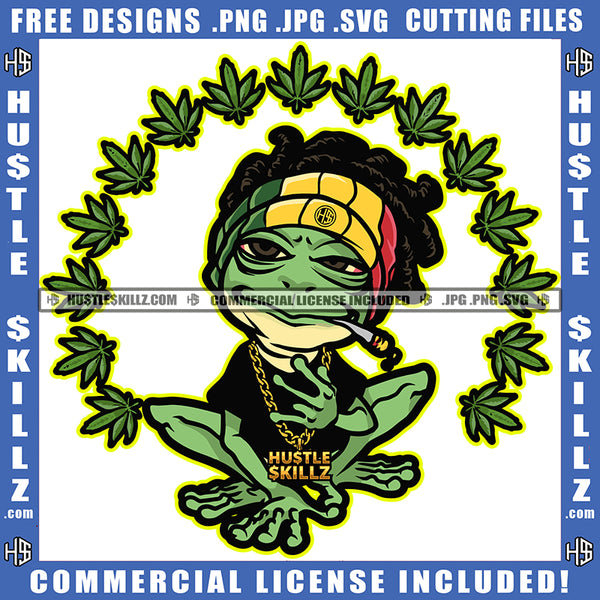 Green leaf Frog Smoking Cigarette Blunt Stick Grass Gold Chain Grind Hustler Cannabis Marijuana Weed leaf Logo Hustle Skillz SVG PNG JPG Vector Cut Files Silhouette Cricut