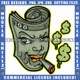 Hustler Dollar Smoking Cigar Money Sign Smoke Gangster Grind Dripping Cannabis Smoking Blunt Marijuana Weed leaf Logo Hustle Skillz SVG PNG JPG Vector Cut Files Silhouette Cricut