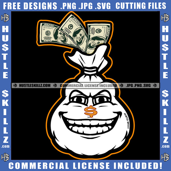 Bank Bags Black And White Design Teeth Dollar Sign Smilling Face Dollar Bills Cash Money Graphic Art Illustration Grind Logo Hustle Skillz SVG PNG JPG Vector Cut Files Silhouette Cricut