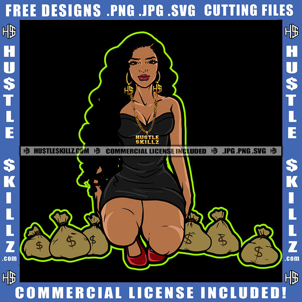 Melanin Woman Bank Bags Money Cash Hustler Chain Hustling Graphic Grind Hustle Earing Logo Hustle Skillz SVG PNG JPG Vector Cut Files Silhouette Cricut