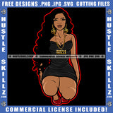 Melanin Woman Long Wave Hairstyle Hustler Gold Chain Hustling Graphic Grind Hustle Earing Logo Hustle Skillz SVG PNG JPG Vector Cut Files Silhouette Cricut