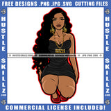 Melanin Woman Long Wave Hairstyle Hustler Gold Chain Hustling Graphic Grind Hustle Earing Logo Hustle Skillz SVG PNG JPG Vector Cut Files Silhouette Cricut