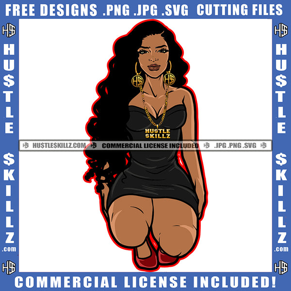 Melanin Woman Long Wave Hairstyle Hustler Gold Chain Hustling Graphic Grind Hustle Earing Logo Hustle Skillz SVG PNG JPG Vector Cut Files Silhouette Cricut