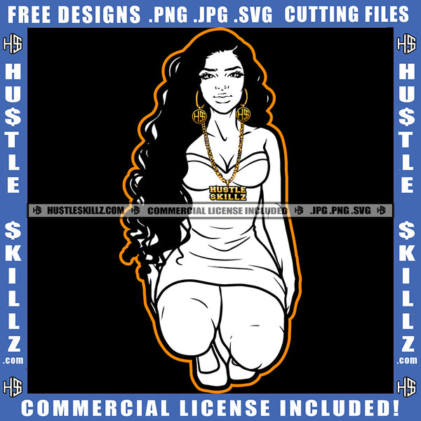 Black Girl Magic Woman Fit Figure Black And White Design Long Wave Hairstyle Hustler Gold Chain Hustling Graphic Grind Hustle Earing Logo Hustle Skillz SVG PNG JPG Vector Cut Files Silhouette Cricut