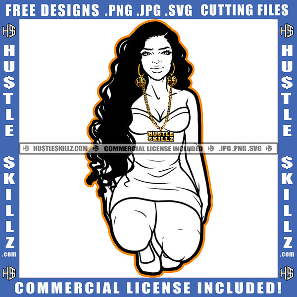 Black Girl Magic Woman Fit Figure Black And White Design Long Wave Hairstyle Hustler Gold Chain Hustling Graphic Grind Hustle Earing Logo Hustle Skillz SVG PNG JPG Vector Cut Files Silhouette Cricut