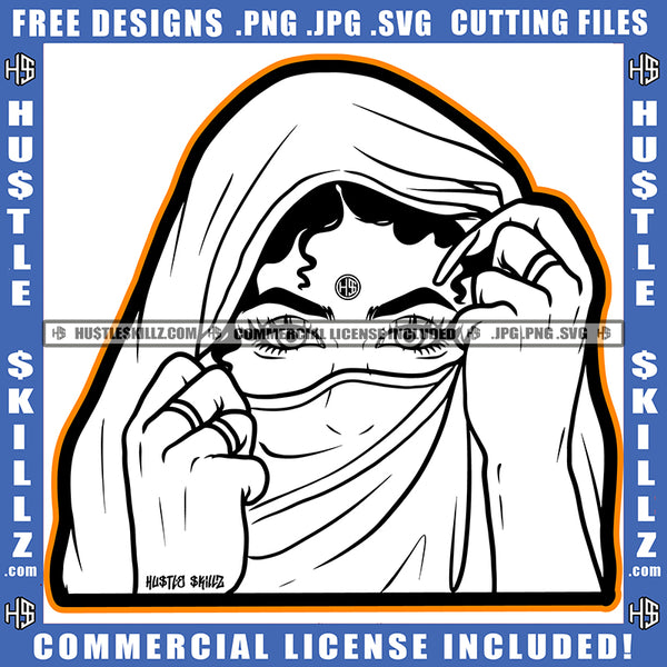 Nubian Woman Black And White Design Muslim Girl Wearing Ring Hustle Tip Face Head Covering Hustler Grind Hustling Logo Hustle Skillz SVG PNG JPG Vector Cut Files Silhouette Cricut