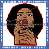 Melanin Woman Curly Bob Hairstyle Breaking Face Hustler Earing Long Nail Logo Hustle Skillz SVG PNG JPG Vector Cut Files Silhouette Cricut