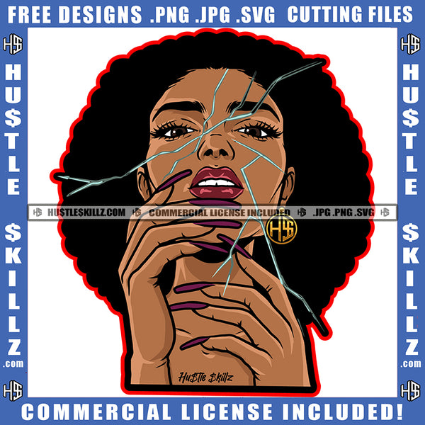 Melanin Woman Curly Bob Hairstyle Breaking Face Hustler Earing Long Nail Logo Hustle Skillz SVG PNG JPG Vector Cut Files Silhouette Cricut