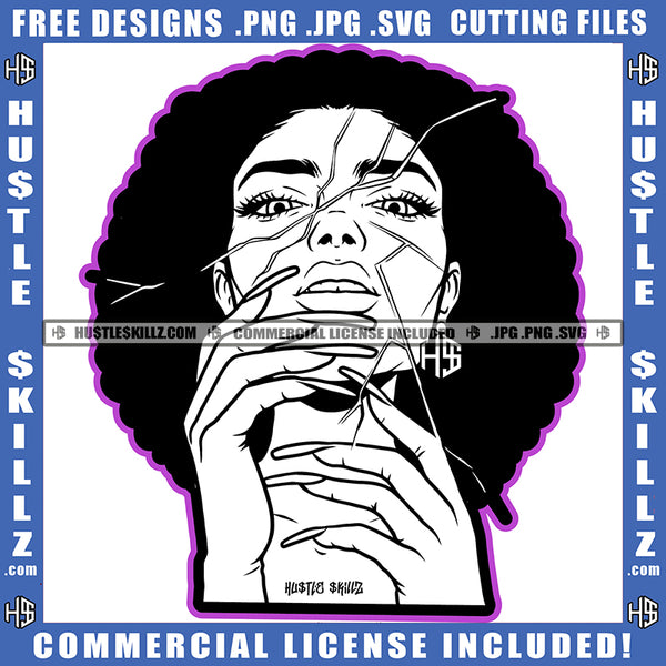 Nubian Woman Black And White Design Curly Bob Hairstyle Breaking Face Hustler Earing Long Nail Logo Hustle Skillz SVG PNG JPG Vector Cut Files Silhouette Cricut