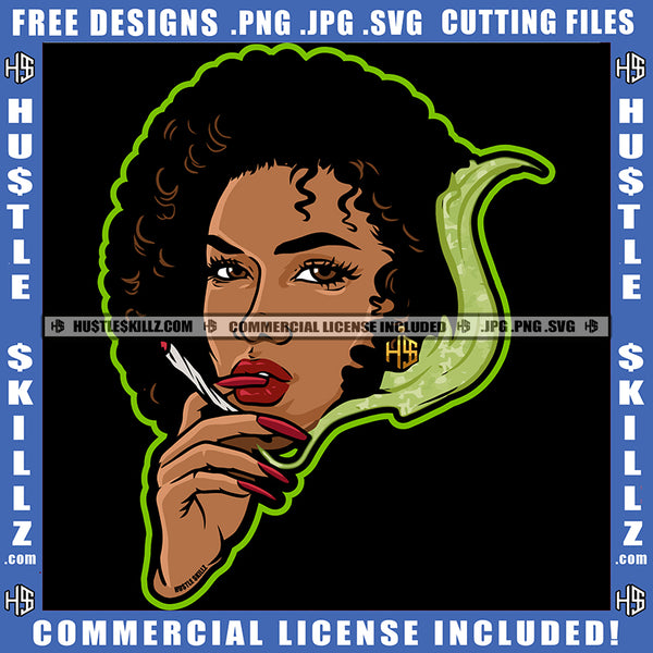 Nubian Sexy Woman Long Nail Hustler Earing Curly Hairstyle Cannabis Smoking Blunt Marijuana Weed leaf Logo Hustle Skillz SVG PNG JPG Vector Cut Files Silhouette Cricut