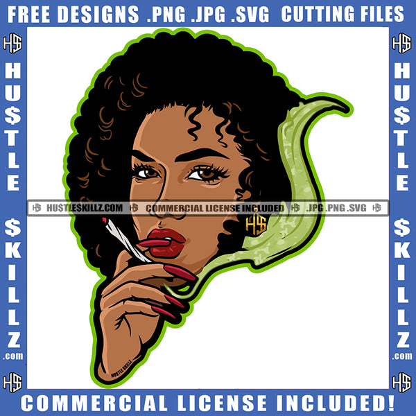 Nubian Sexy Woman Long Nail Hustler Earing Curly Hairstyle Cannabis Smoking Blunt Marijuana Weed leaf Logo Hustle Skillz SVG PNG JPG Vector Cut Files Silhouette Cricut