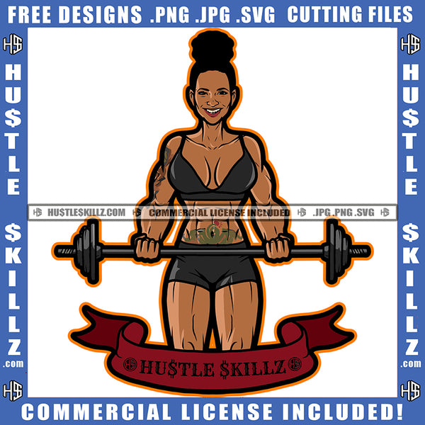 Melanin Women Fit Figure Curvy And Sexy Smiling Face  Tattoo Body Builders Workout Exercise Weights Training Graphic Grind Logo Hustle Skillz SVG PNG JPG Vector Cut Files Silhouette Cricut