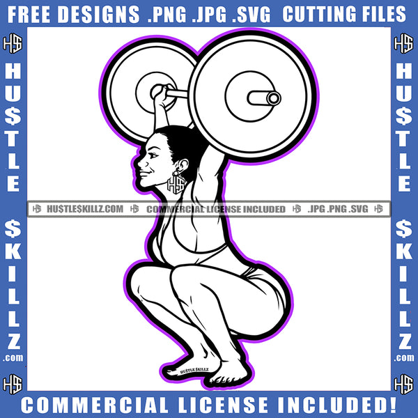 Fitness Woman Black And White Design Fit Figure Silhouette Lift Weights Dumbbells' Workout Gym Exercise Graphic Grind Hustler Earing Logo Hustle Skillz SVG PNG JPG Vector Cut Files Silhouette Cricut