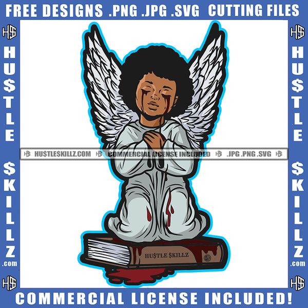 Young Child Angel Blood Bleeding Tears Wings Sitting On Book Closed Eyes Silhouette Graphic Icon Grind Logo Hustle Skillz SVG PNG JPG Vector Cut Files Silhouette Cricut