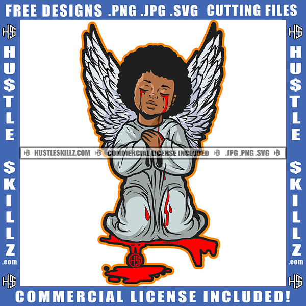 Young Child Angel Blood Bleeding Tears Wings Sitting Closed Eyes Silhouette Graphic Icon Grind Logo Hustle Skillz SVG PNG JPG Vector Cut Files Silhouette Cricut