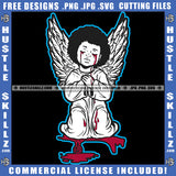 Young Child Angel Black And White Design Blood Bleeding Tears Wings Sitting Closed Eyes Silhouette Graphic Icon Grind Logo Hustle Skillz SVG PNG JPG Vector Cut Files Silhouette Cricut