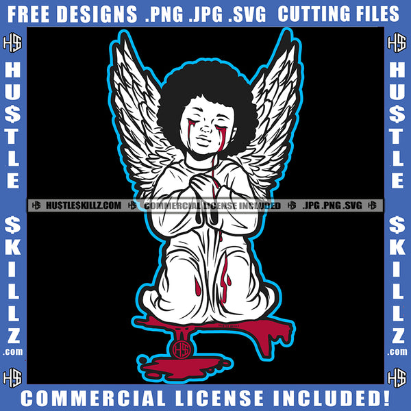 Young Child Angel Black And White Design Blood Bleeding Tears Wings Sitting Closed Eyes Silhouette Graphic Icon Grind Logo Hustle Skillz SVG PNG JPG Vector Cut Files Silhouette Cricut