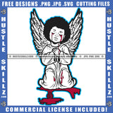 Young Child Angel Black And White Design Blood Bleeding Tears Wings Sitting Closed Eyes Silhouette Graphic Icon Grind Logo Hustle Skillz SVG PNG JPG Vector Cut Files Silhouette Cricut