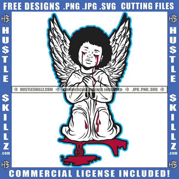 Young Child Angel Black And White Design Blood Bleeding Tears Wings Sitting Closed Eyes Silhouette Graphic Icon Grind Logo Hustle Skillz SVG PNG JPG Vector Cut Files Silhouette Cricut