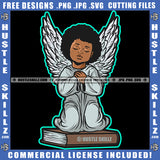 Young Child Angel Wings Sitting On Book Closed Eyes Silhouette Graphic Icon Grind Logo Hustle Skillz SVG PNG JPG Vector Cut Files Silhouette Cricut