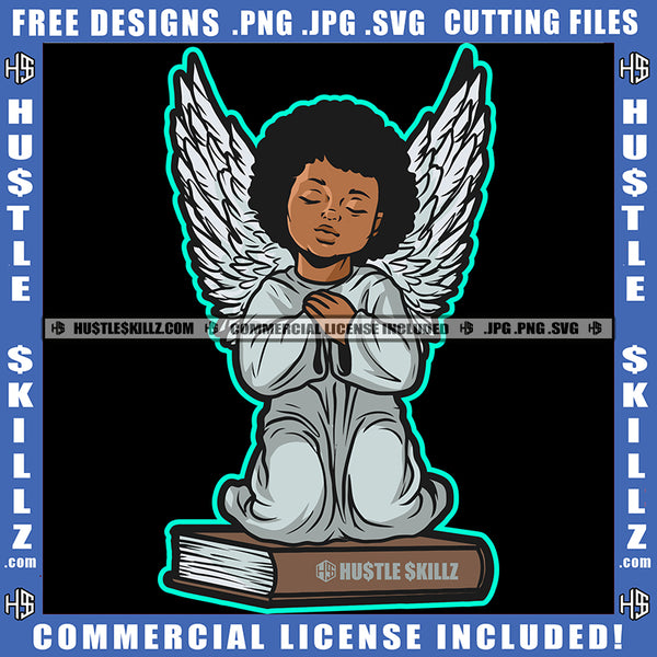 Young Child Angel Wings Sitting On Book Closed Eyes Silhouette Graphic Icon Grind Logo Hustle Skillz SVG PNG JPG Vector Cut Files Silhouette Cricut