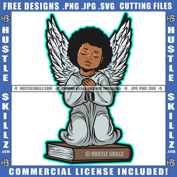 Young Child Angel Wings Sitting On Book Closed Eyes Silhouette Graphic Icon Grind Logo Hustle Skillz SVG PNG JPG Vector Cut Files Silhouette Cricut