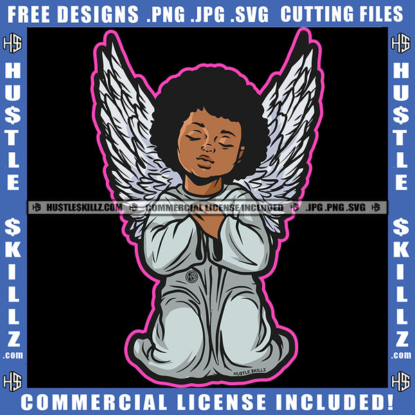 Young Child Angel Wings Sitting Closed Eyes Hand Praying Silhouette Graphic Icon Grind Logo Hustle Skillz SVG PNG JPG Vector Cut Files Silhouette Cricut