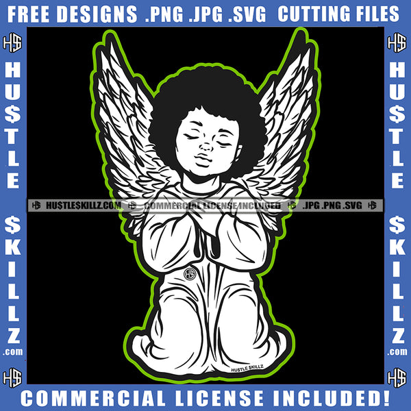 Young Child Angel Black And White Design Wings Sitting Closed Eyes Hand Praying Silhouette Graphic Icon Grind Logo Hustle Skillz SVG PNG JPG Vector Cut Files Silhouette Cricut