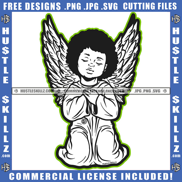 Young Child Angel Black And White Design Wings Sitting Closed Eyes Hand Praying Silhouette Graphic Icon Grind Logo Hustle Skillz SVG PNG JPG Vector Cut Files Silhouette Cricut