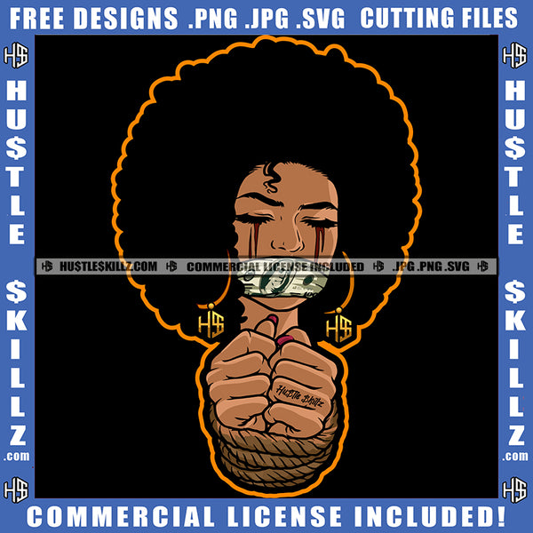 Melanin Woman Mouth Covering Doller Curly Bob Hairstyle Closing Eyes Blood Bleeding Tears Hustler Earing Hand Bind Logo Hustle Skillz SVG PNG JPG Vector Cut Files Silhouette Cricut