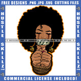 Melanin Woman Mouth Covering Doller Curly Bob Hairstyle Closing Eyes Blood Bleeding Tears Hustler Earing Hand Bind Logo Hustle Skillz SVG PNG JPG Vector Cut Files Silhouette Cricut