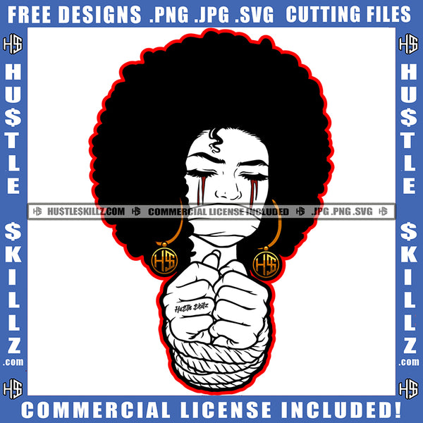 Woman Mouth Covering Black And White Design Curly Bob Hairstyle Closing Eyes Blood Bleeding Tears Hustler Earing Hand Bind Logo Hustle Skillz SVG PNG JPG Vector Cut Files Silhouette Cricut