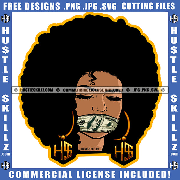 Nubian Woman Mouth Covering Doller Curly Bob Hairstyle Closing Eyes Hustler Earing Logo Hustle Skillz SVG PNG JPG Vector Cut Files Silhouette Cricut