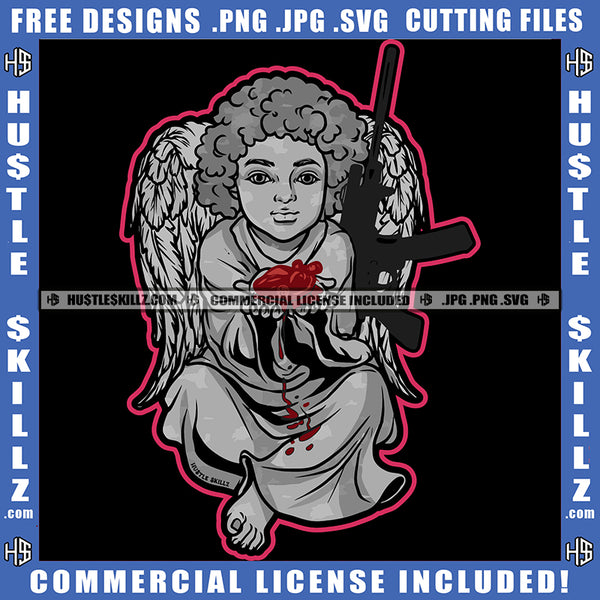 Gray Cherub Angel With Wings Holding Blood Bleeding Long Black Gun Weapon Firearm Heaven Logo Hustle Skillz SVG PNG JPG Vector Cut Files Silhouette Cricut